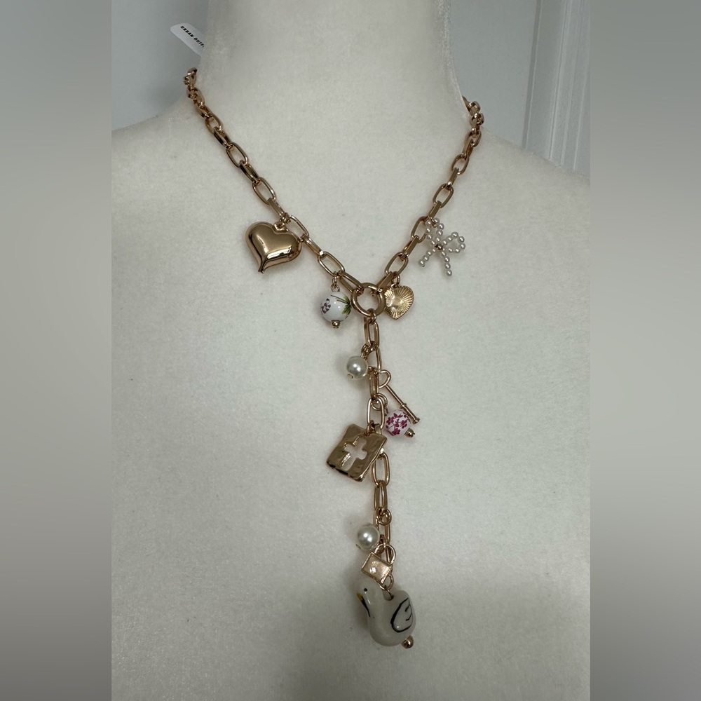 Urban Outfitters Katherine Lariat Charm Necklace Gold Tone with Pearl Accents - Picture 3 of 12